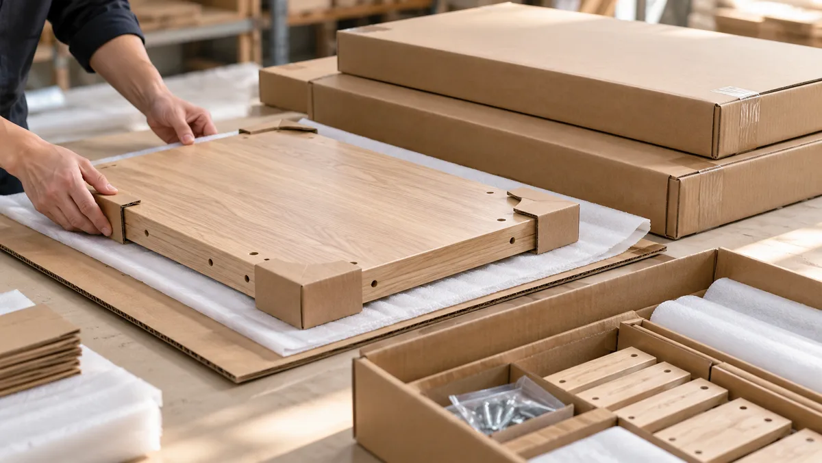 Unbranded furniture components with protective corners in export cartons