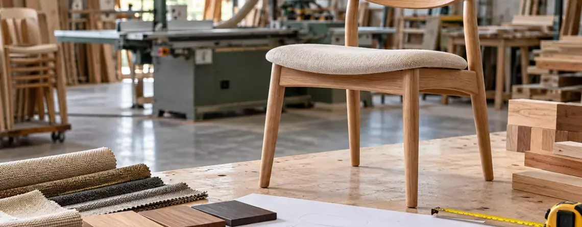 Furniture OEM prototype chair with finish and upholstery samples in a workshop