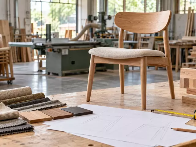 Furniture OEM prototype chair with finish and upholstery samples in a workshop
