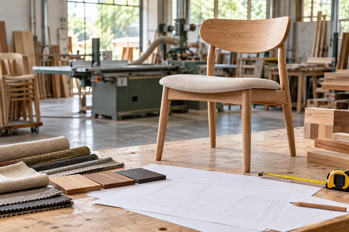 Furniture OEM prototype chair with finish and upholstery samples in a workshop