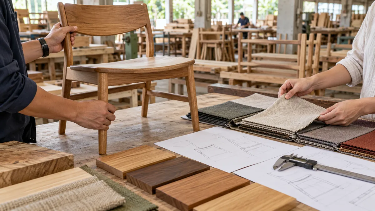 Unbranded chair sample reviewed beside material and finish references
